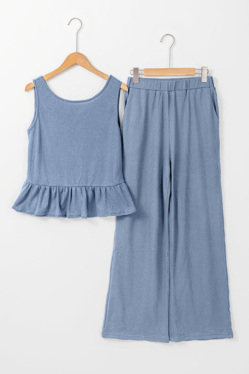 Solid Color Ribbed Ruffle Tank Top and Pants Set